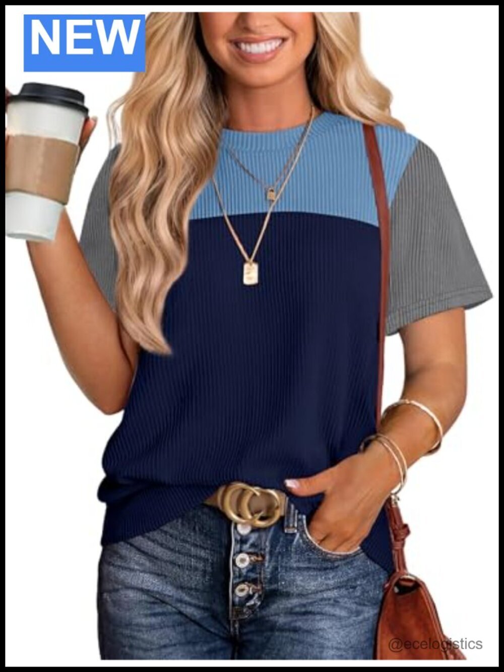 Color Block Knitted Short Sleeve Top - Soft Skin-Friendly T-Shirt